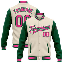 Load image into Gallery viewer, Custom Cream Pink-Kelly Green Bomber Full-Snap Varsity Letterman Two Tone Jacket