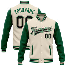 Load image into Gallery viewer, Custom Cream Black-Kelly Green Bomber Full-Snap Varsity Letterman Two Tone Jacket