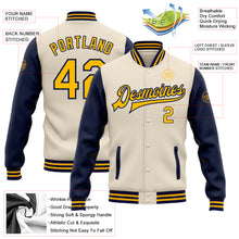 Load image into Gallery viewer, Custom Cream Gold-Navy Bomber Full-Snap Varsity Letterman Two Tone Jacket