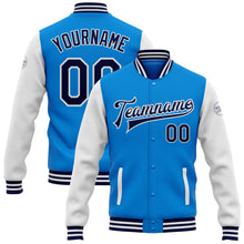 Load image into Gallery viewer, Custom Powder Blue Navy-White Bomber Full-Snap Varsity Letterman Two Tone Jacket