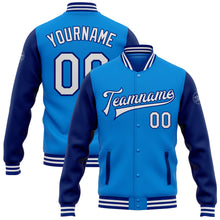 Load image into Gallery viewer, Custom Powder Blue White-Royal Bomber Full-Snap Varsity Letterman Two Tone Jacket