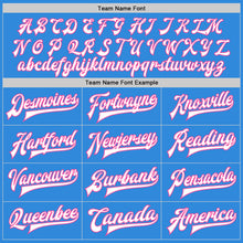 Load image into Gallery viewer, Custom Powder Blue White-Pink Bomber Full-Snap Varsity Letterman Two Tone Jacket