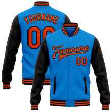 Load image into Gallery viewer, Custom Powder Blue Orange-Black Bomber Full-Snap Varsity Letterman Two Tone Jacket