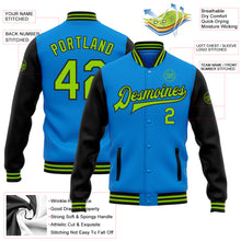 Load image into Gallery viewer, Custom Powder Blue Neon Green-Black Bomber Full-Snap Varsity Letterman Two Tone Jacket