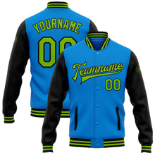 Load image into Gallery viewer, Custom Powder Blue Neon Green-Black Bomber Full-Snap Varsity Letterman Two Tone Jacket