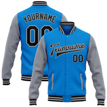 Load image into Gallery viewer, Custom Powder Blue Black-Gray Bomber Full-Snap Varsity Letterman Two Tone Jacket