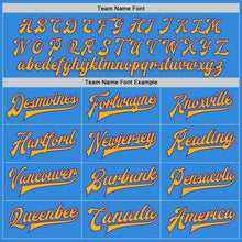 Load image into Gallery viewer, Custom Powder Blue Gold-Purple Bomber Full-Snap Varsity Letterman Two Tone Jacket