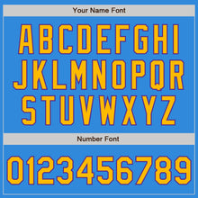 Load image into Gallery viewer, Custom Powder Blue Gold-Purple Bomber Full-Snap Varsity Letterman Two Tone Jacket