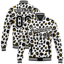 Load image into Gallery viewer, Custom White Black Leopard Print 3D Pattern Design Bomber Full-Snap Varsity Letterman Jacket