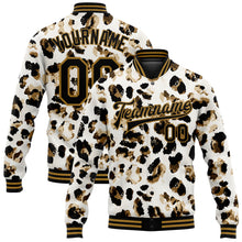 Load image into Gallery viewer, Custom White Black-Old Gold Leopard Print 3D Pattern Design Bomber Full-Snap Varsity Letterman Jacket