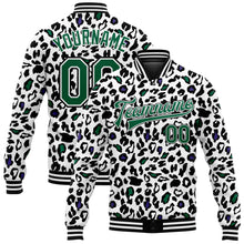 Load image into Gallery viewer, Custom White Kelly Green-Black Bright Leopard Print 3D Pattern Design Bomber Full-Snap Varsity Letterman Jacket
