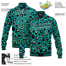 Load image into Gallery viewer, Custom Teal Black-White Leopard Print 3D Pattern Design Bomber Full-Snap Varsity Letterman Jacket
