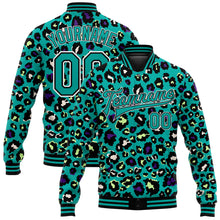 Load image into Gallery viewer, Custom Teal Black-White Leopard Print 3D Pattern Design Bomber Full-Snap Varsity Letterman Jacket
