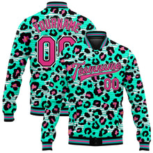 Load image into Gallery viewer, Custom Aqua Pink-Black Leopard Print 3D Pattern Design Bomber Full-Snap Varsity Letterman Jacket