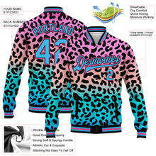 Load image into Gallery viewer, Custom Pink Sky Blue-Black Leopard Print 3D Pattern Design Bomber Full-Snap Varsity Letterman Jacket