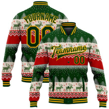 Load image into Gallery viewer, Custom Green Gold Christmas Reindeers 3D Bomber Full-Snap Varsity Letterman Jacket
