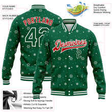 Load image into Gallery viewer, Custom Kelly Green Red-White Christmas 3D Bomber Full-Snap Varsity Letterman Jacket