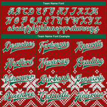 Load image into Gallery viewer, Custom Red Kelly Green-White Christmas Snowflakes 3D Bomber Full-Snap Varsity Letterman Jacket