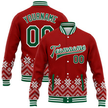 Load image into Gallery viewer, Custom Red Kelly Green-White Christmas Snowflakes 3D Bomber Full-Snap Varsity Letterman Jacket