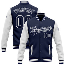 Load image into Gallery viewer, Custom Navy White Bomber Full-Snap Varsity Letterman Two Tone Jacket