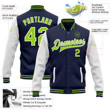 Load image into Gallery viewer, Custom Navy Neon Green-White Bomber Full-Snap Varsity Letterman Two Tone Jacket