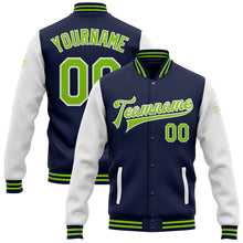 Load image into Gallery viewer, Custom Navy Neon Green-White Bomber Full-Snap Varsity Letterman Two Tone Jacket