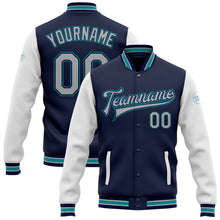 Load image into Gallery viewer, Custom Navy Gray White-Teal Bomber Full-Snap Varsity Letterman Two Tone Jacket