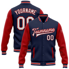 Load image into Gallery viewer, Custom Navy White-Red Bomber Full-Snap Varsity Letterman Two Tone Jacket