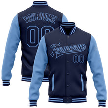 Load image into Gallery viewer, Custom Navy Light Blue Bomber Full-Snap Varsity Letterman Two Tone Jacket