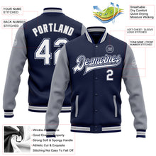 Load image into Gallery viewer, Custom Navy White-Gray Bomber Full-Snap Varsity Letterman Two Tone Jacket