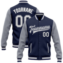 Load image into Gallery viewer, Custom Navy White-Gray Bomber Full-Snap Varsity Letterman Two Tone Jacket
