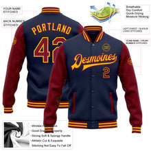 Load image into Gallery viewer, Custom Navy Crimson-Gold Bomber Full-Snap Varsity Letterman Two Tone Jacket