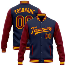 Load image into Gallery viewer, Custom Navy Crimson-Gold Bomber Full-Snap Varsity Letterman Two Tone Jacket