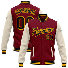 Load image into Gallery viewer, Custom Crimson Black Cream-Gold Bomber Full-Snap Varsity Letterman Two Tone Jacket