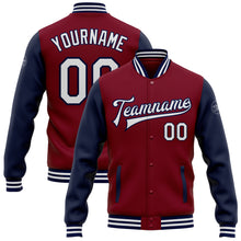 Load image into Gallery viewer, Custom Crimson White-Navy Bomber Full-Snap Varsity Letterman Two Tone Jacket