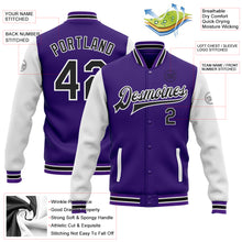 Load image into Gallery viewer, Custom Purple Black-White Bomber Full-Snap Varsity Letterman Two Tone Jacket