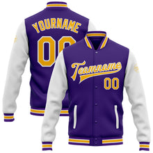 Load image into Gallery viewer, Custom Purple Gold-White Bomber Full-Snap Varsity Letterman Two Tone Jacket