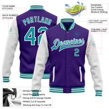 Load image into Gallery viewer, Custom Purple Teal-White Bomber Full-Snap Varsity Letterman Two Tone Jacket