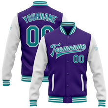 Load image into Gallery viewer, Custom Purple Teal-White Bomber Full-Snap Varsity Letterman Two Tone Jacket