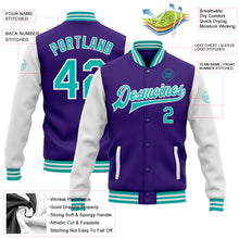 Load image into Gallery viewer, Custom Purple Aqua-White Bomber Full-Snap Varsity Letterman Two Tone Jacket