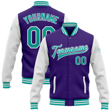 Load image into Gallery viewer, Custom Purple Aqua-White Bomber Full-Snap Varsity Letterman Two Tone Jacket