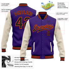 Load image into Gallery viewer, Custom Purple Black Cream-Orange Bomber Full-Snap Varsity Letterman Two Tone Jacket