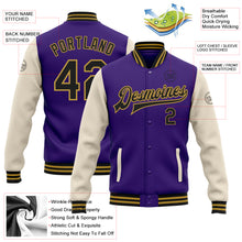 Load image into Gallery viewer, Custom Purple Black Cream-Old Gold Bomber Full-Snap Varsity Letterman Two Tone Jacket