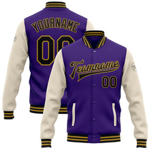 Load image into Gallery viewer, Custom Purple Black Cream-Old Gold Bomber Full-Snap Varsity Letterman Two Tone Jacket