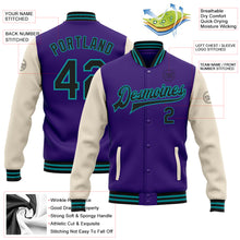 Load image into Gallery viewer, Custom Purple Black Cream-Teal Bomber Full-Snap Varsity Letterman Two Tone Jacket