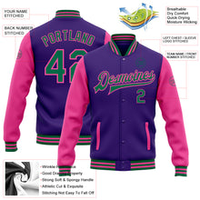 Load image into Gallery viewer, Custom Purple Kelly Green-Pink Bomber Full-Snap Varsity Letterman Two Tone Jacket