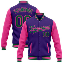 Load image into Gallery viewer, Custom Purple Kelly Green-Pink Bomber Full-Snap Varsity Letterman Two Tone Jacket