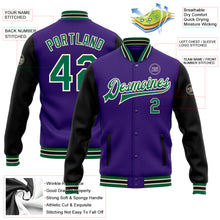 Load image into Gallery viewer, Custom Purple Kelly Green Black-Cream Bomber Full-Snap Varsity Letterman Two Tone Jacket