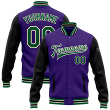 Load image into Gallery viewer, Custom Purple Kelly Green Black-Cream Bomber Full-Snap Varsity Letterman Two Tone Jacket