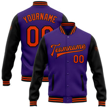 Load image into Gallery viewer, Custom Purple Orange-Black Bomber Full-Snap Varsity Letterman Two Tone Jacket